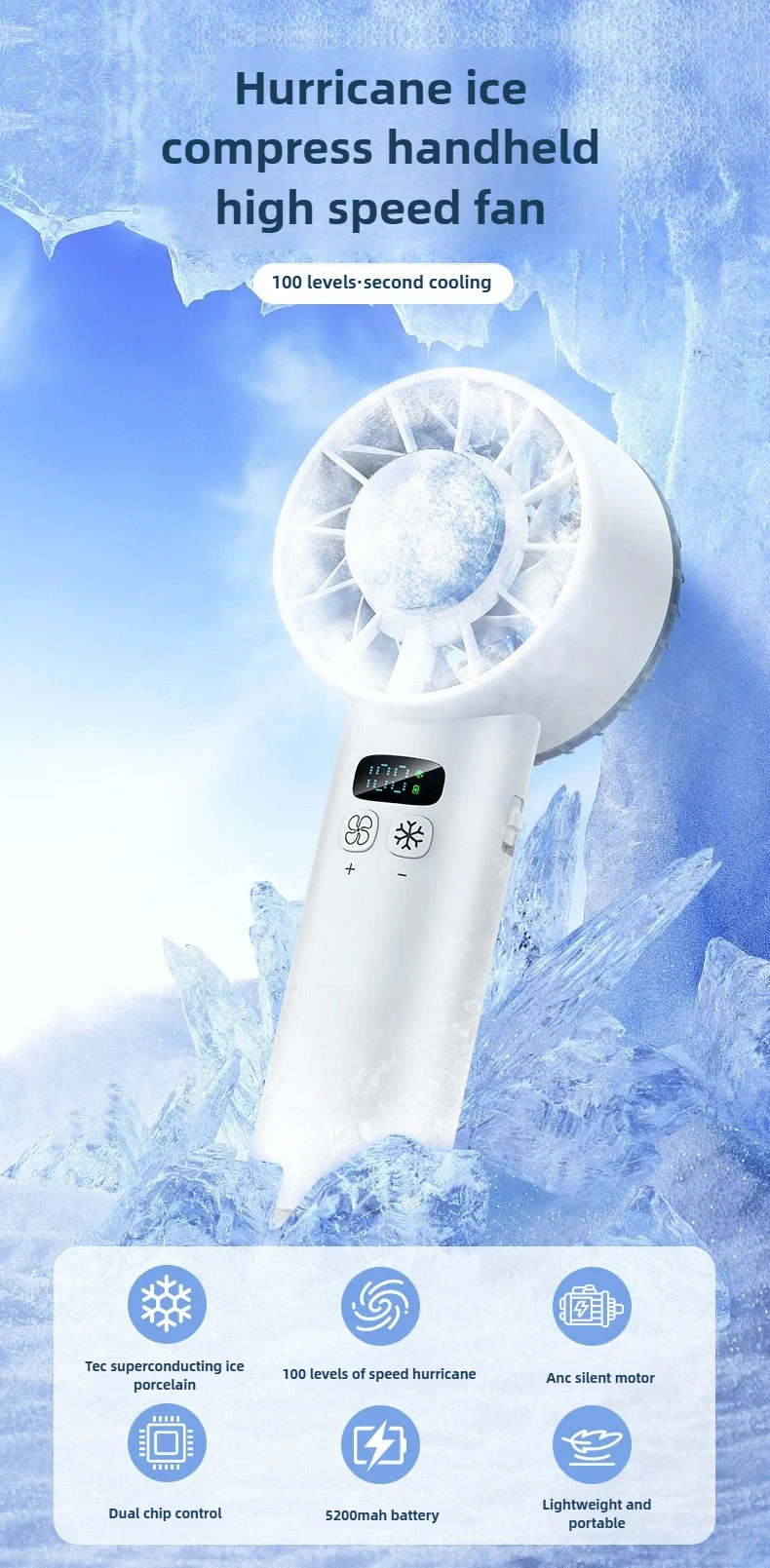 Electric Handheld Cooling USB Rechargeable  LED Display fan