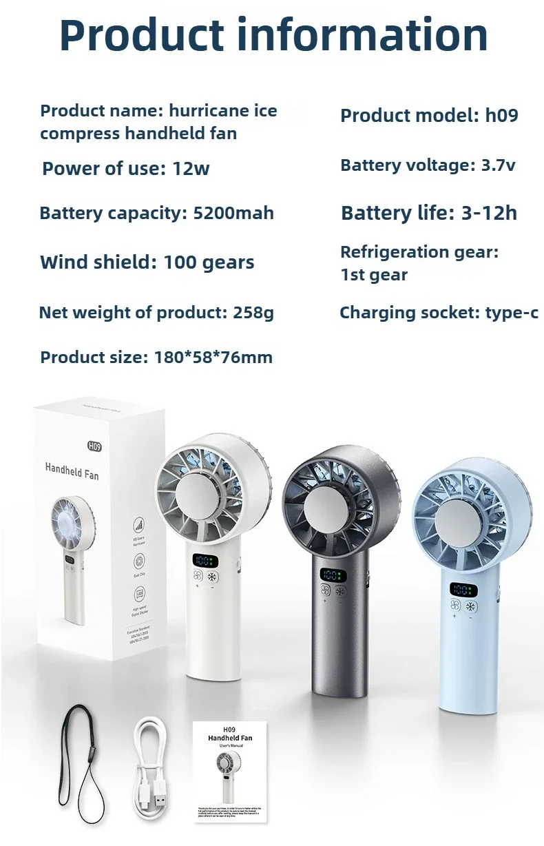 Electric Handheld Cooling USB Rechargeable  LED Display fan