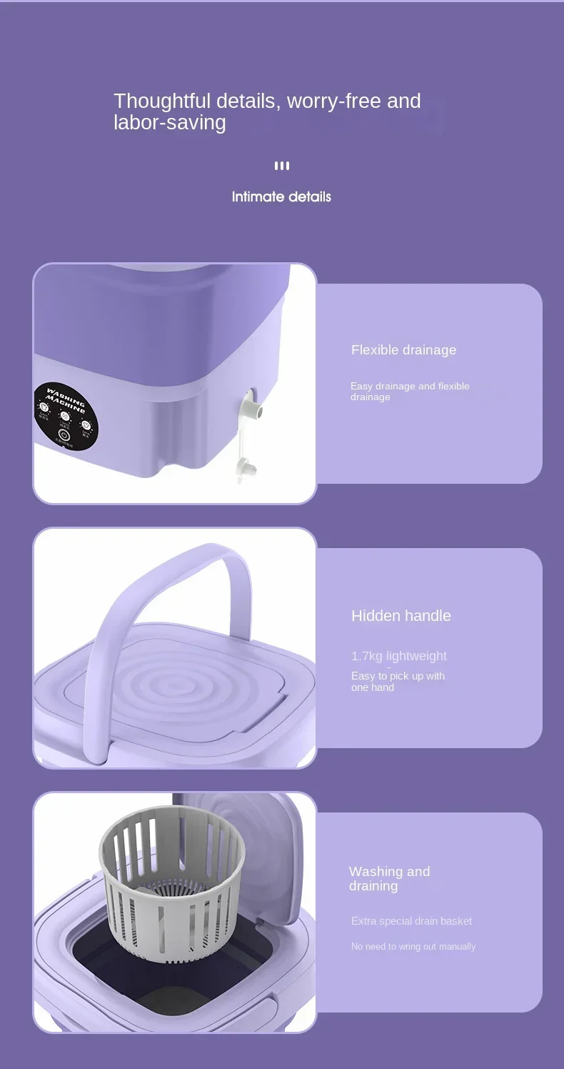 8L Portable Small Foldable Washing Machine with Spin Dryer For Socks Underwear Panties