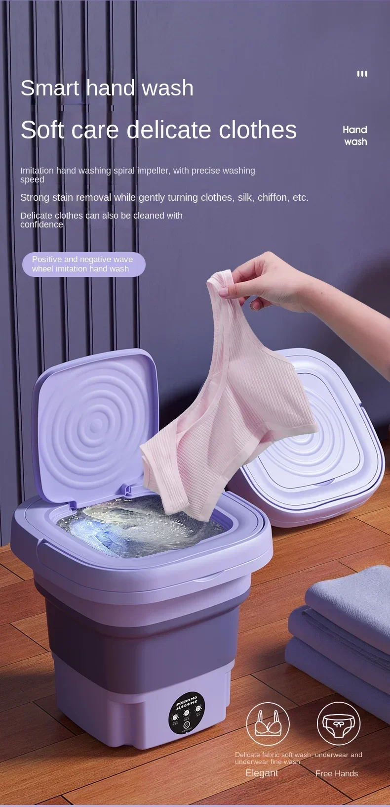8L Portable Small Foldable Washing Machine with Spin Dryer For Socks Underwear Panties