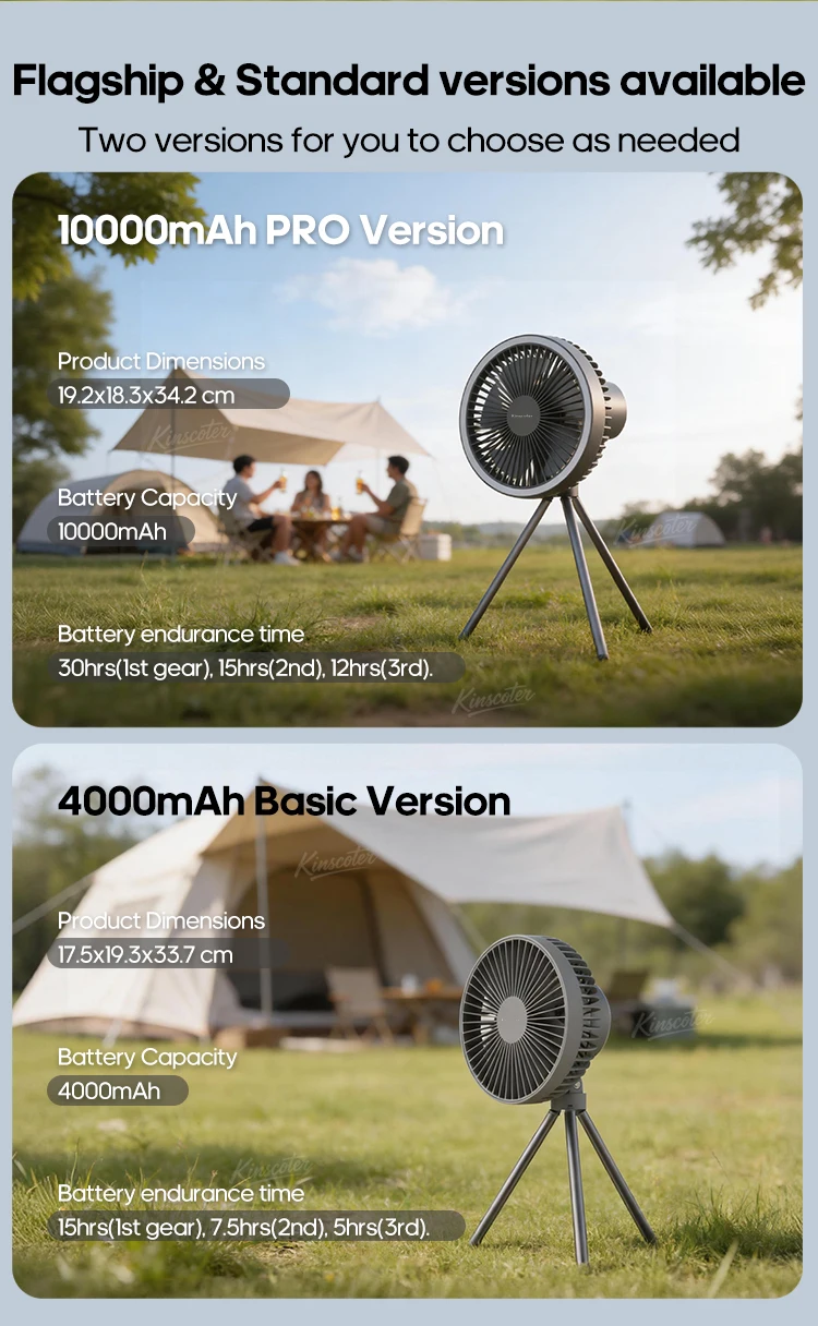 10000mAh 4000mAh Camping Fan Rechargeable  Electric Fan with Power Bank LED Lighting