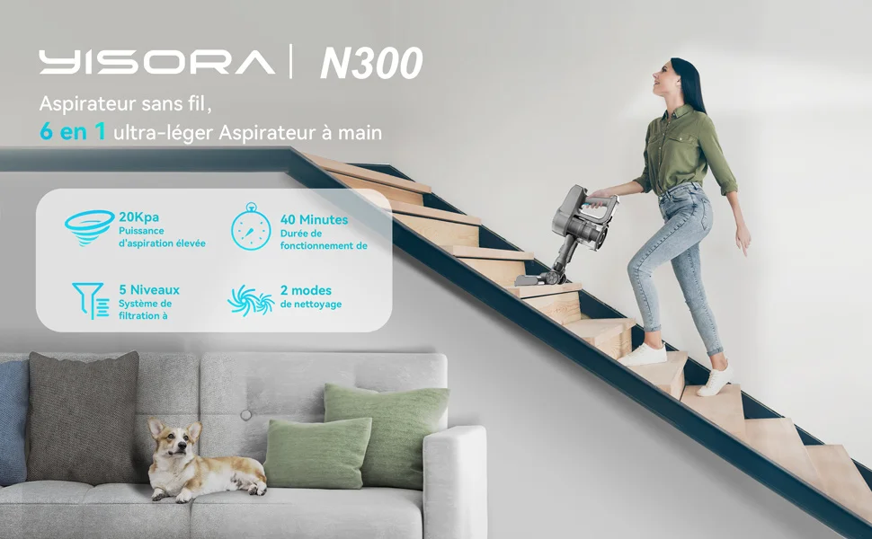 YISORA N300 Cordless Upright Vacuum Cleaner for Carpet, Hard Floor, Car, Pet Hair