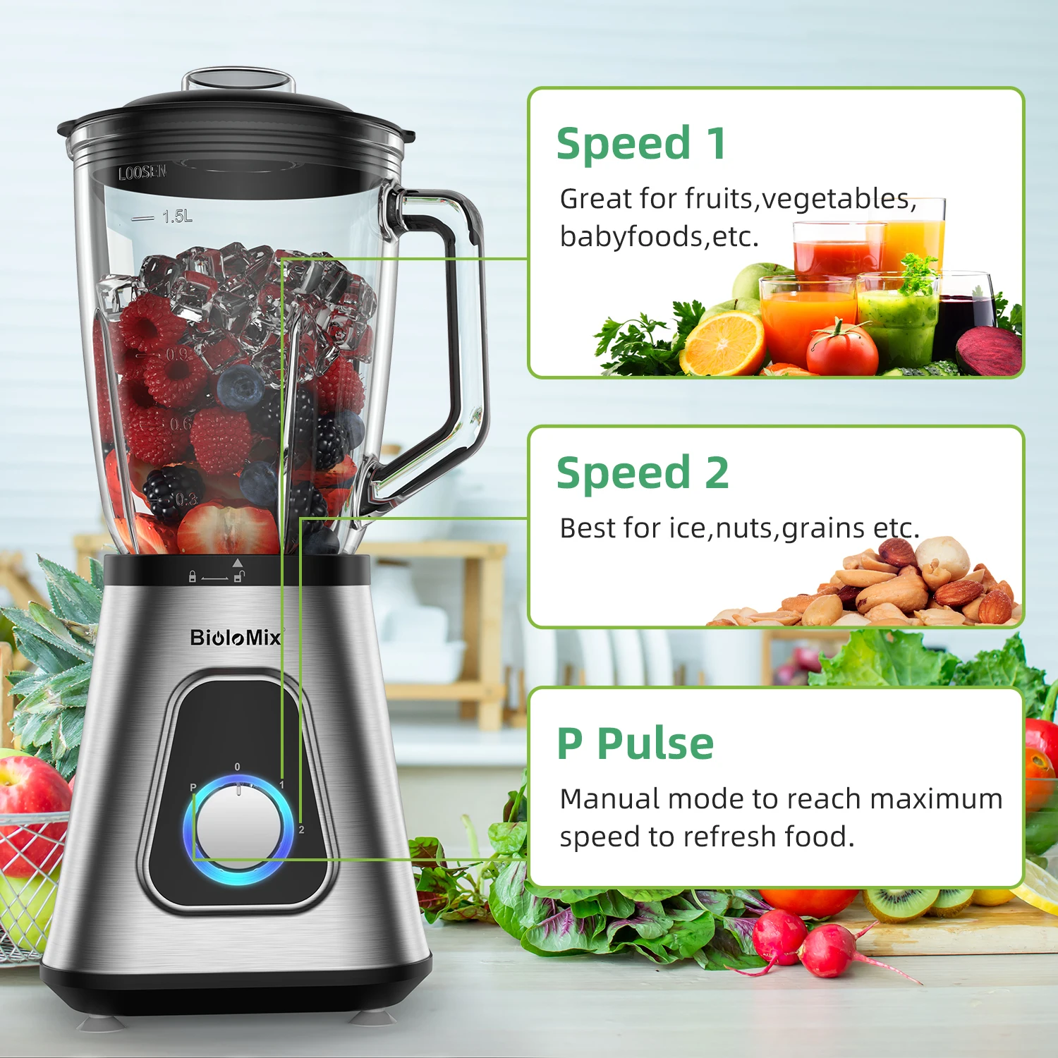 BioloMix 1300W Smoothie Blender with 1.5L Glass Jar