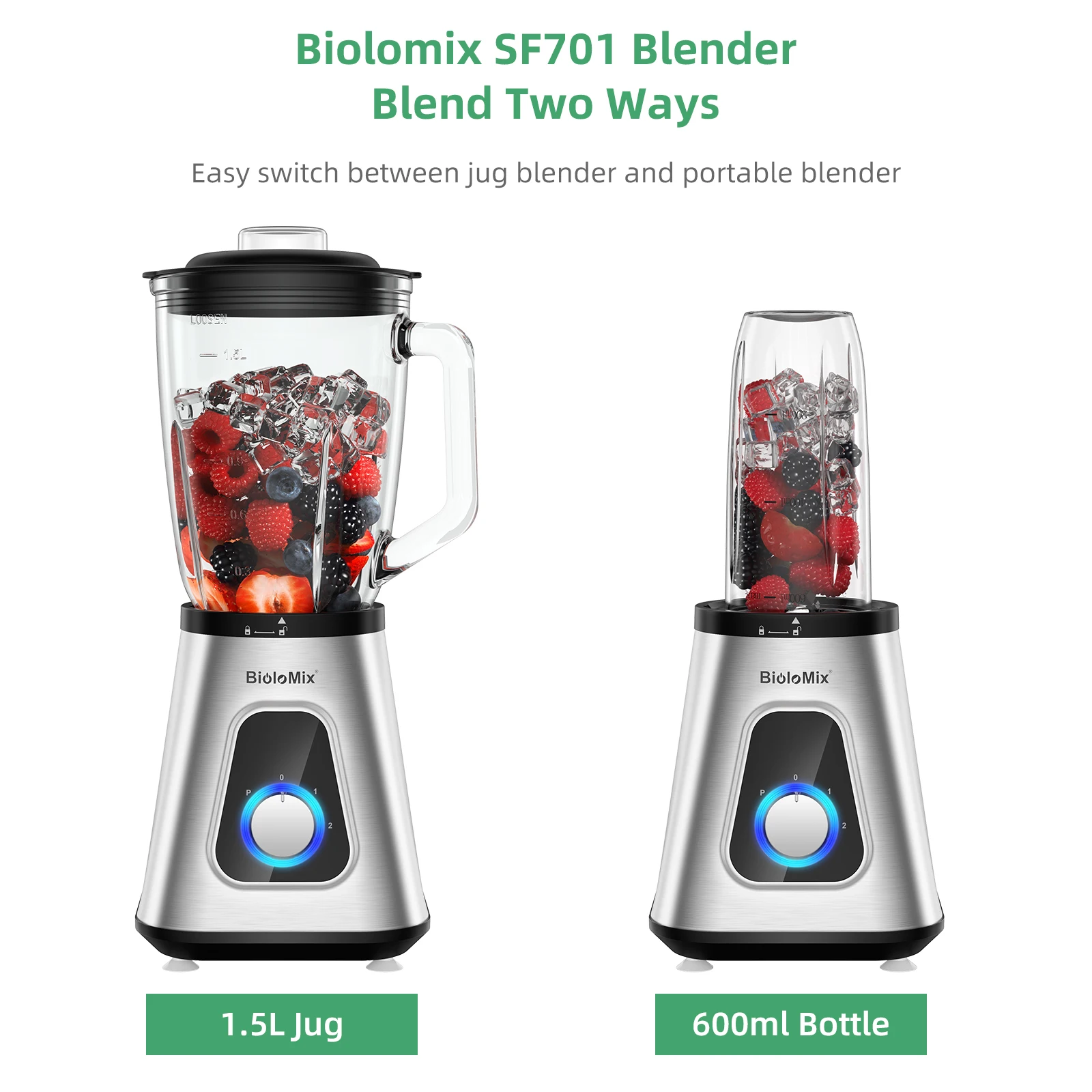 BioloMix 1300W Smoothie Blender with 1.5L Glass Jar