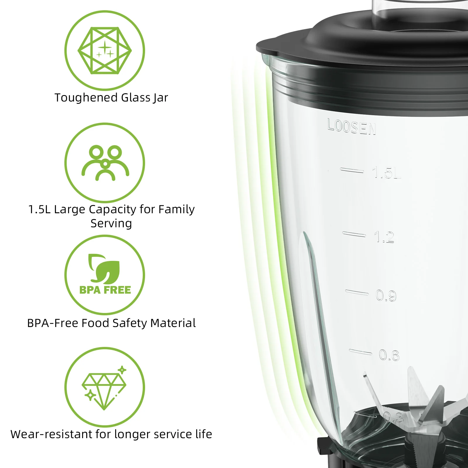 BioloMix 1300W Smoothie Blender with 1.5L Glass Jar