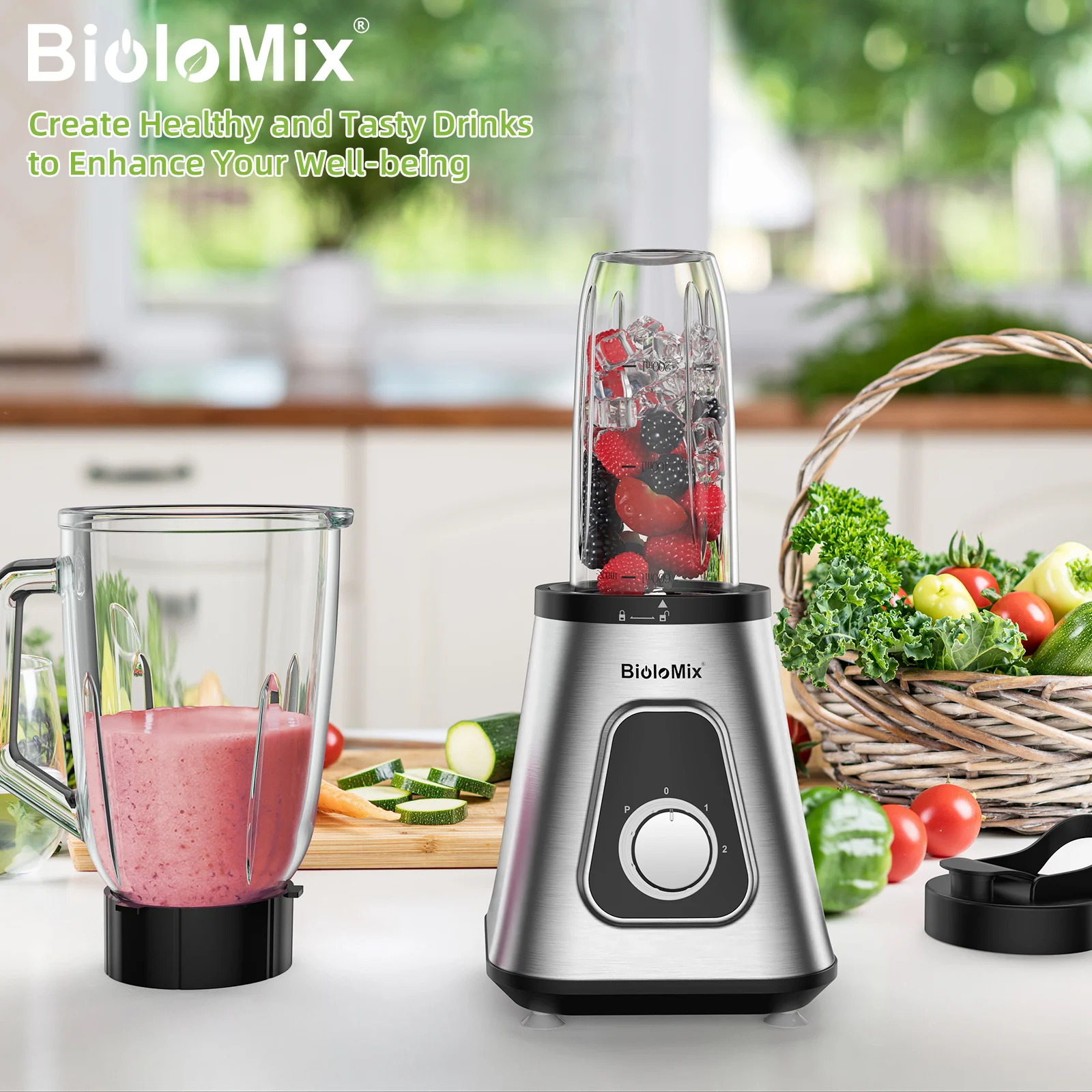 BioloMix 1300W Smoothie Blender with 1.5L Glass Jar